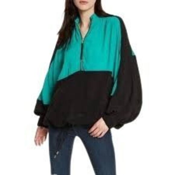 Free People Colorblock Oversize Half Zip Tunic Top Green Black Drawstring XS/SM - Picture 1 of 10